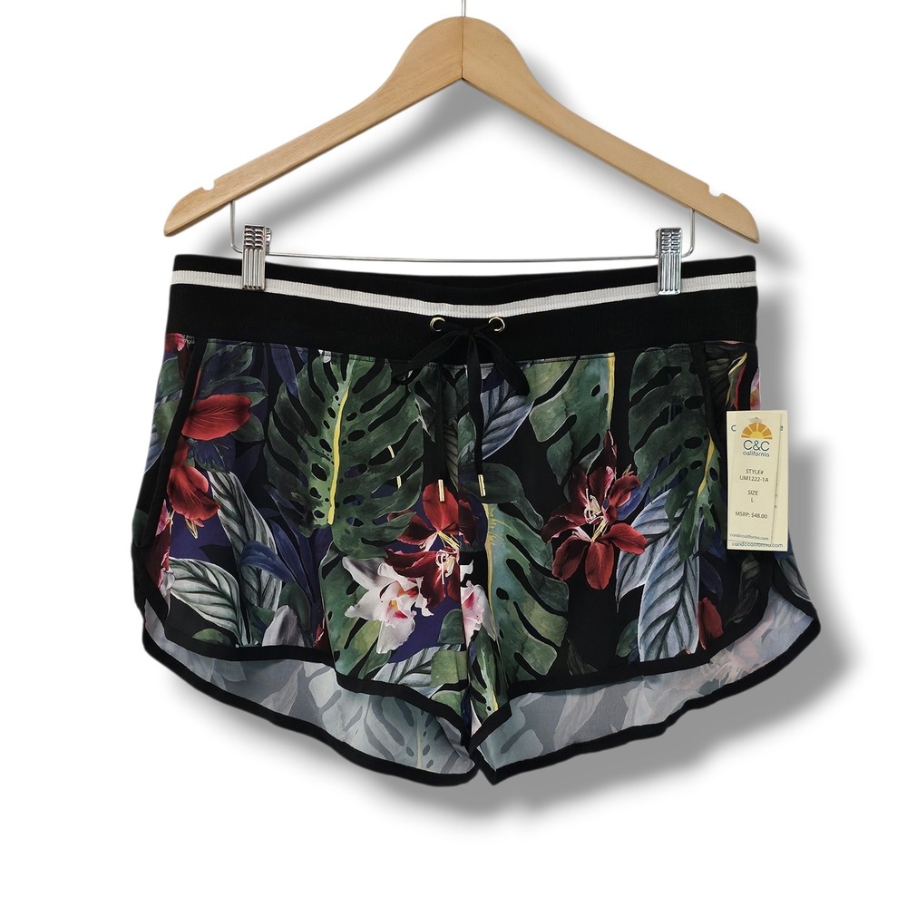 C&C California Shorts L Women Black Tropical Dark Floral Active Beach Cruise NEW